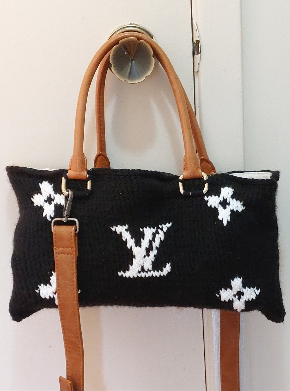 SALE Louis Vuitton Black/White Top Handle Bag LV Logo Front/Back Brown Strap